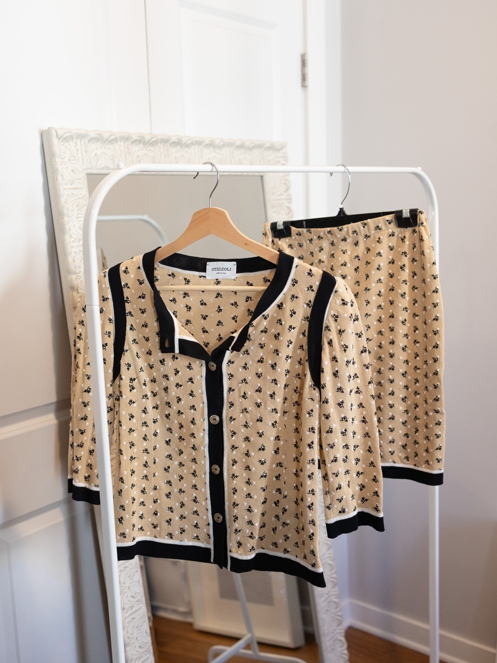 Stizzoli Beige Knit Cardigan and Skirt Set with Black Trim
